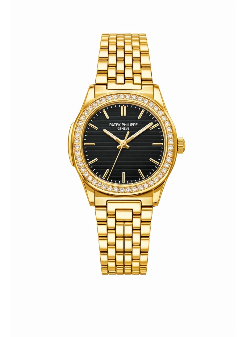 ساعة نسائية ستانلس ستيل مطلية بالذهب مع إطار مرصّع بالألماس من باتيك فيليب